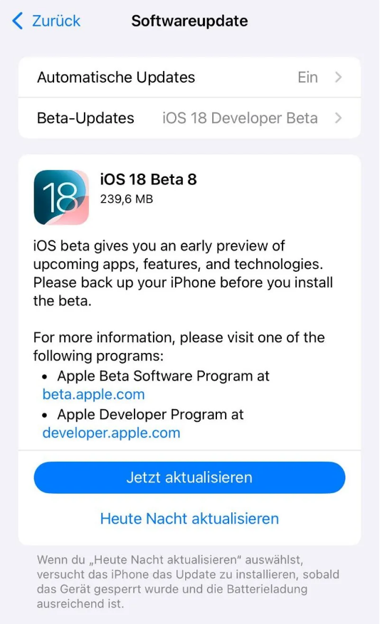 大同苹果手机维修分享苹果 iOS / iPadOS 18 开发者预览版 Beta 8 发布 